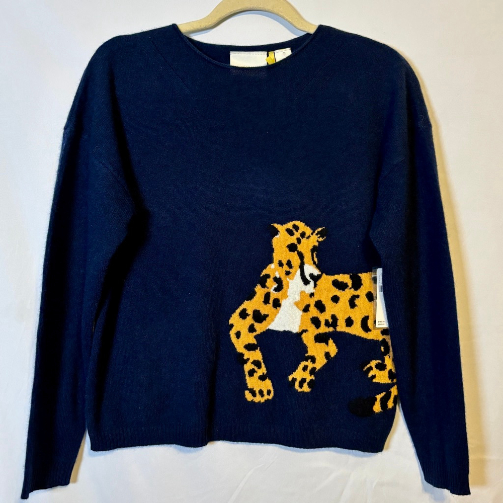 Maeve by Anthropologie Sold Out Cashmere Leopard Intarsia Sweater Navy XS